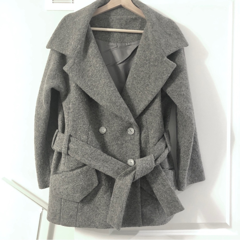 Elegant Grey Wool Belted Winter Coat - Double-breasted, A-Line, Premium Warmth
